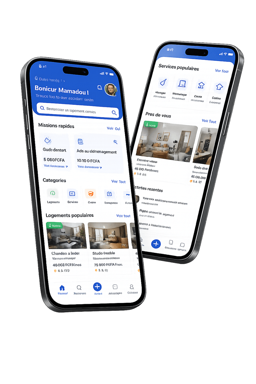 L'application e-Casa : écran d'accueil avec missions rapides et services populaires sur smartphone